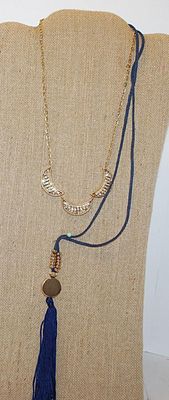 Unusual Double Style Necklace with 2 Swags of Metal, Stones & Cloth with Lobster Clasp 32" L