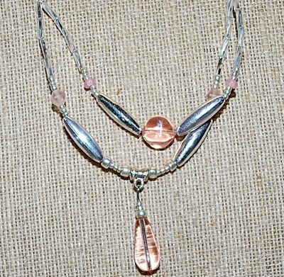 Light Pink Clear Beads NECKLACE with Acrylic Spacers & Oblong Accents and Barrel Screw Style Clasp 21" L