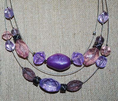 Stiff-Wired NECKLACE with Irregular Shaped Pinks, Purples & Blue Acrylic Stones and Lobster Dangle Clasp 18" L