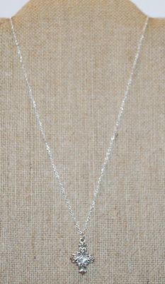 Compact Silver Tone Filigree Styled Cross PENDANT (1" x ¾") on a Silver Tone Adjustable Necklace Chain 14"-18" L