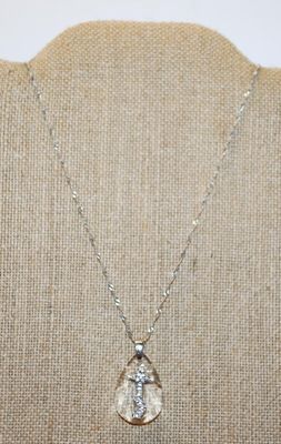 Silver "Cross on 4 Steps" on an Acrylic Teardrop PENDANT (3¼" x ¾") Necklace 20" L