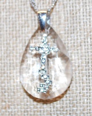 Silver "Cross on 4 Steps" on an Acrylic Teardrop PENDANT (3¼" x ¾") Necklace 20" L