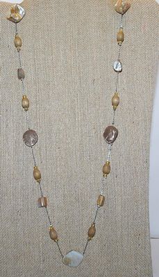 Mother-of-Pearl Style NECKLACE with Wooden Bead Accents and Lobster Clasp 36" L