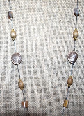 Mother-of-Pearl Style NECKLACE with Wooden Bead Accents and Lobster Clasp 36" L