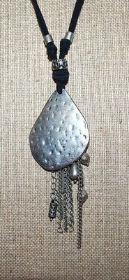 Wrap-Around Hammered Metal Triangle NECKLACE with Unidentified Hallmark & Bead Dangles on a Black Cloth Rope and Lobster Clasp...