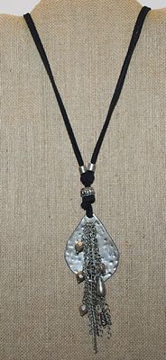 Wrap-Around Hammered Metal Triangle NECKLACE with Unidentified Hallmark & Bead Dangles on a Black Cloth Rope and Lobster Clasp...