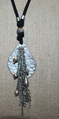 Wrap-Around Hammered Metal Triangle NECKLACE with Unidentified Hallmark & Bead Dangles on a Black Cloth Rope and Lobster Clasp...