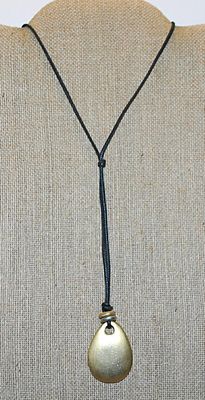 Simple Gold Colored TEARDROP PENDANT/NECKLACE with Black Cord Necklace "Chain" and Knotted "Clasp" 32" L