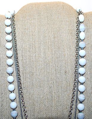 Marked "lo" - WRAP-AROUND NECKLACE with White Striped Beads and Thin Silver Tone Rope Strand Accent Chain 44" L