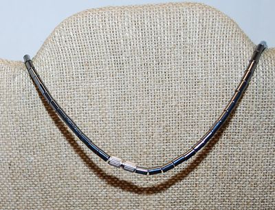 Pink & Black Beaded CHOKER NECKLACE with Black Tube Beaded "Chain" and Barrel Clasps 14" L