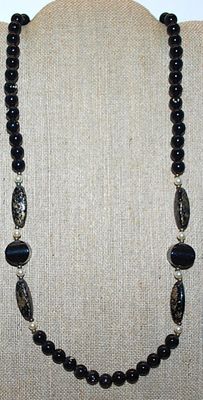Marbled Gold & Black Colored PRISMS NECKLACE with Black Globes + Faux Pearl Bead Accents and Circle Clasp 28" L