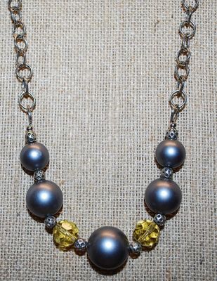 Gray Globes NECKLACE with Amber Spacer Beads and Lobster Clasp 18" L