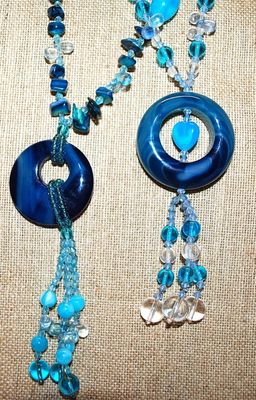 Collection of 2 BLUE RING Slip-Over NECKLACES with Blue and Green Accents 36" L