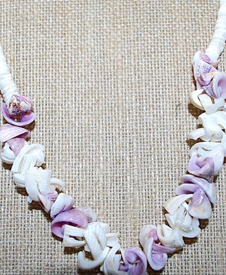 Cut Purple & White Choker SHELLS NECKLACE with White Rings "Chain" and Barrel Style Clasp 14" L