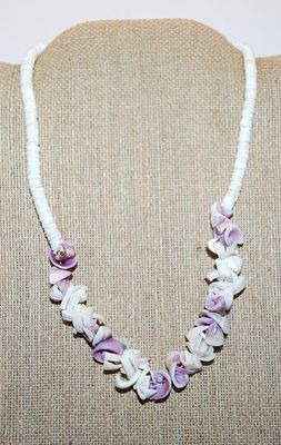 Cut Purple & White Choker SHELLS NECKLACE with White Rings "Chain" and Barrel Style Clasp 14" L
