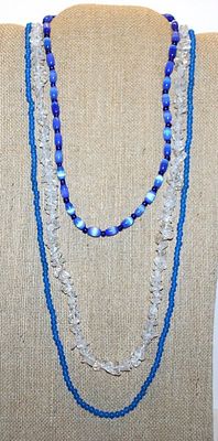 Collection of 3 Beaded NECKLACES 2 Blues (14" L + 34" L ) & 1 Clear "Rock Candy" Style (31" L)