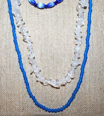 Collection of 3 Beaded NECKLACES 2 Blues (14" L + 34" L ) & 1 Clear "Rock Candy" Style (31" L)