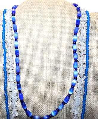 Collection of 3 Beaded NECKLACES 2 Blues (14" L + 34" L ) & 1 Clear "Rock Candy" Style (31" L)