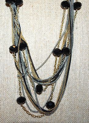 Gold, Silver & Black Colored "Lots of Chains" NECKLACE with Black Prism Bead Accents and Lobster Clasp 24" L