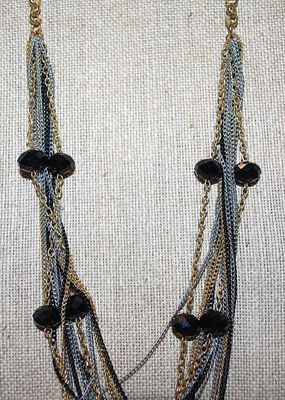 Gold, Silver & Black Colored "Lots of Chains" NECKLACE with Black Prism Bead Accents and Lobster Clasp 24" L