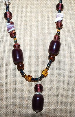 Purple & White Barrels, Globes, Chunk Stones NECKLACE with Amber, Clear + Green Highlight Stones and Screw Barrel Clasp 27" L
