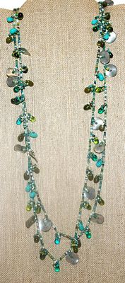 Extra Long WRAP-AROUND NECKLACE with Green & Blue Colored Beads and Metal Disks Accents 58" L