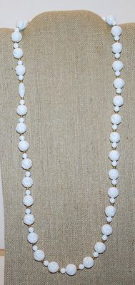 White Plastic Beaded NECKLACE with Small Gold Colored Globe Dividers 26" L