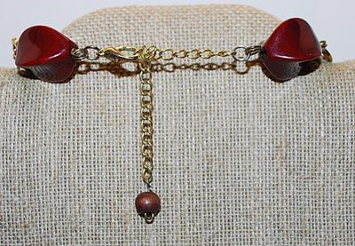 Chunky Deep Red BEADED NECKLACE with Oval Wood Accents and Gold Tone Circles with Lobster Clasp 24" L