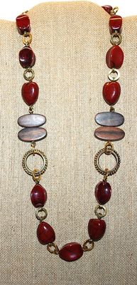 Chunky Deep Red BEADED NECKLACE with Oval Wood Accents and Gold Tone Circles with Lobster Clasp 24" L