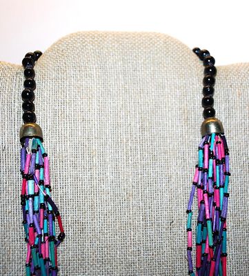 Green, Red & Purple "TUBE STYLE BEADED" NECKLACE with Black Globes Neck Beads & Curved Hook Clasp 26" L