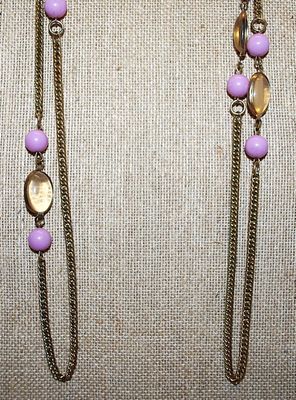 Extra Long WRAP-AROUND NECKLACE with LAVENDER Beads & Clear Oval Accents on a Gold Tone Chain and Snap Release Clasp 54" L