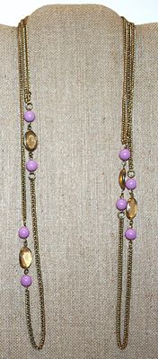 Extra Long WRAP-AROUND NECKLACE with LAVENDER Beads & Clear Oval Accents on a Gold Tone Chain and Snap Release Clasp 54" L