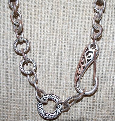 Vintage Large Silver Tone Link & Rings NECKLACE with Very Large Spring Style "CLIP" 16" L