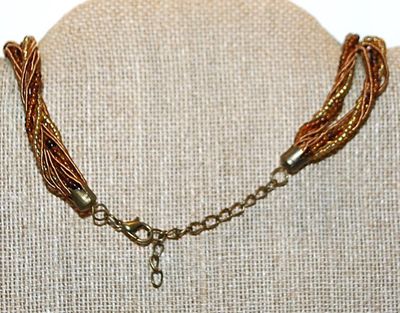 Twisted Amber & Gold Beads NECKLACE with Intertwined "Rope" Accent Strands and Dark Brass Colored Lobster Clasp 18" L