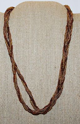 Twisted Amber & Gold Beads NECKLACE with Intertwined "Rope" Accent Strands and Dark Brass Colored Lobster Clasp 18" L