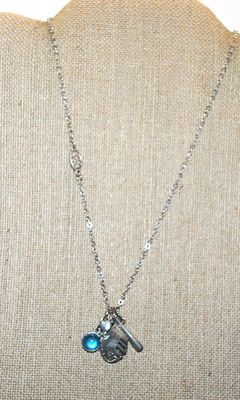 BASEBALL NECKLACE with Glove & Ball, Bat, Heart and Stone Accents on a Silver Tone Necklace Chain 17" L