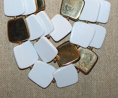 Showy Gold & White Colored TILE NECKLACE with Double Strand Holders on a Gold Tone Chain 18" L