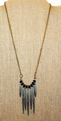 Vintage Style Hammered Spears & Black Beaded PENDANT (2½") on a Brass Colored ADJUSTIBLE Necklace Chain 16"-18" L