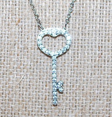 Small HEART Shape KEY PENDANT 1" x ½" on a Silver Tone Necklace Chain 16" L