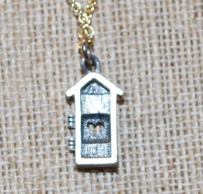 Silver "Outhouse" PENDANT (¾" x ¼") on a Gold Tone Adjustable Necklace Chain 18-14" L