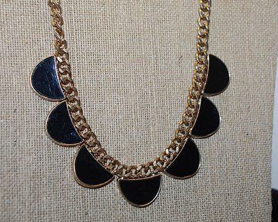 Row of 7 Black & Gold Colored HALF CIRCLES NECKLACE with Solid Link Gold Tone Chain and Lobster Clasp