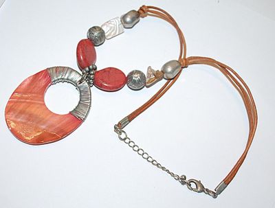 Showy Pink Acrylic Disk, Stones & Beads NECKLACE with Leather Style Cord and Large Lobster Clasp 14" L