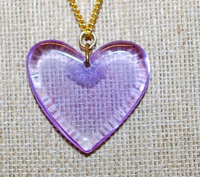 VINTAGE 1940's Or Later Lucite LAVENDER HEART PENDANT (1¼" x 1¼") with a Snap-On Clasp Brass Colored Necklace Chain...