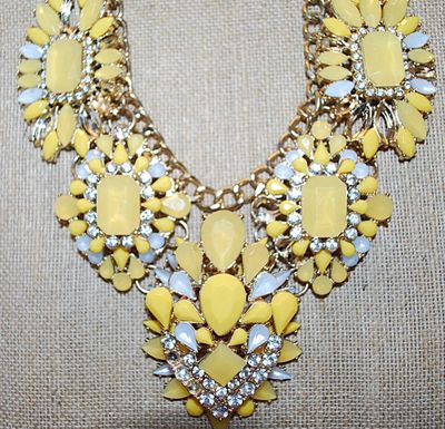 Vintage Showy Bright Yellow & White 5 Segment NECKLACE with Bold 2 Strand Gold Tone Looped Chain 20" L