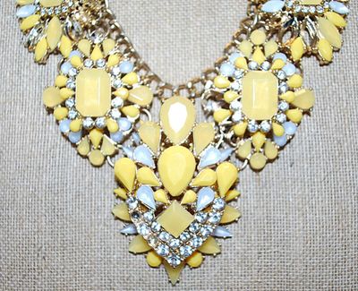 Vintage Showy Bright Yellow & White 5 Segment NECKLACE with Bold 2 Strand Gold Tone Looped Chain 20" L