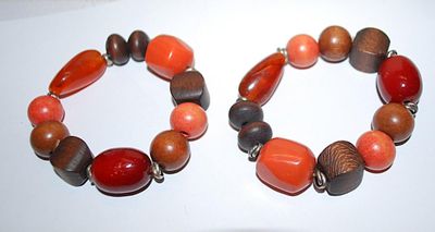 Collection of 2 Orange, Brown, Coral & Amber Elastic BRACELETS (2¼" Opening) with Both Wood / Acrylic Beads and Metal Spacers