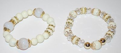 Collection of 2 Both White & "Crackled" Opaque Elastic GLOBES BRACELETS (2" Opening) with Clear Prism Bead Accents