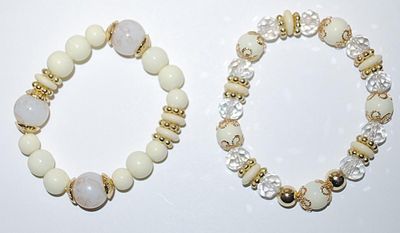 Collection of 2 Both White & "Crackled" Opaque Elastic GLOBES BRACELETS (2" Opening) with Clear Prism Bead Accents