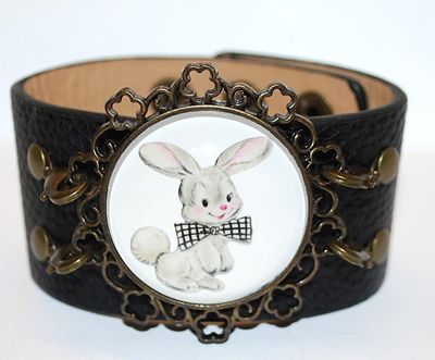Fun "BUNNY" BRACELET (2¼" Opening) in Framed Enamel on a Leather Strap and Button Snap Closure