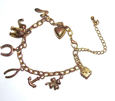 Brass-Tone CHARM BRACELET (2¾" + Opening) with Wishbone, Horseshoe, Heart, Dice, Elephant, Anchor, Clover Leaf + #7 and Lobster Clasp